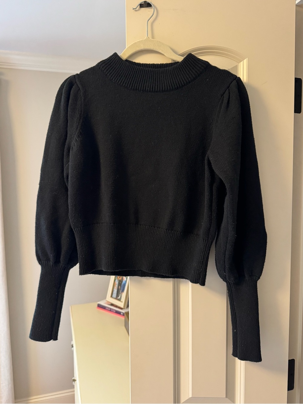 French Connection Black Ribbed Knit Sweater with Puff Sleeves XS